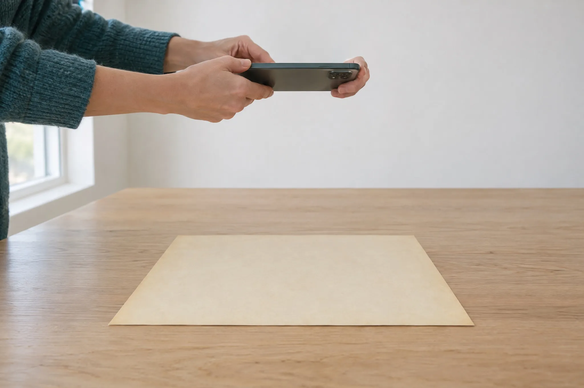 Zwei Hände halten ein Smartphone waagerecht über einem flach liegenden, vergilbten Blatt Papier auf einem hellen Holztisch.