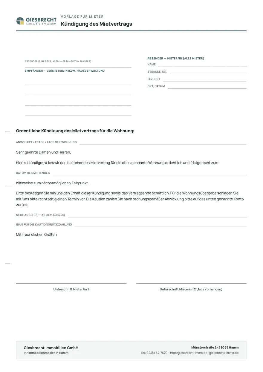 Vorlage Kündigung Mietvertrag: Musterschreiben zum Ausfüllen mit Feldern für Absender, Empfänger, Anschrift der Wohnung, Datum des Mietendes, neue Anschrift, IBAN für die Kaution und Unterschrift der Mieter.