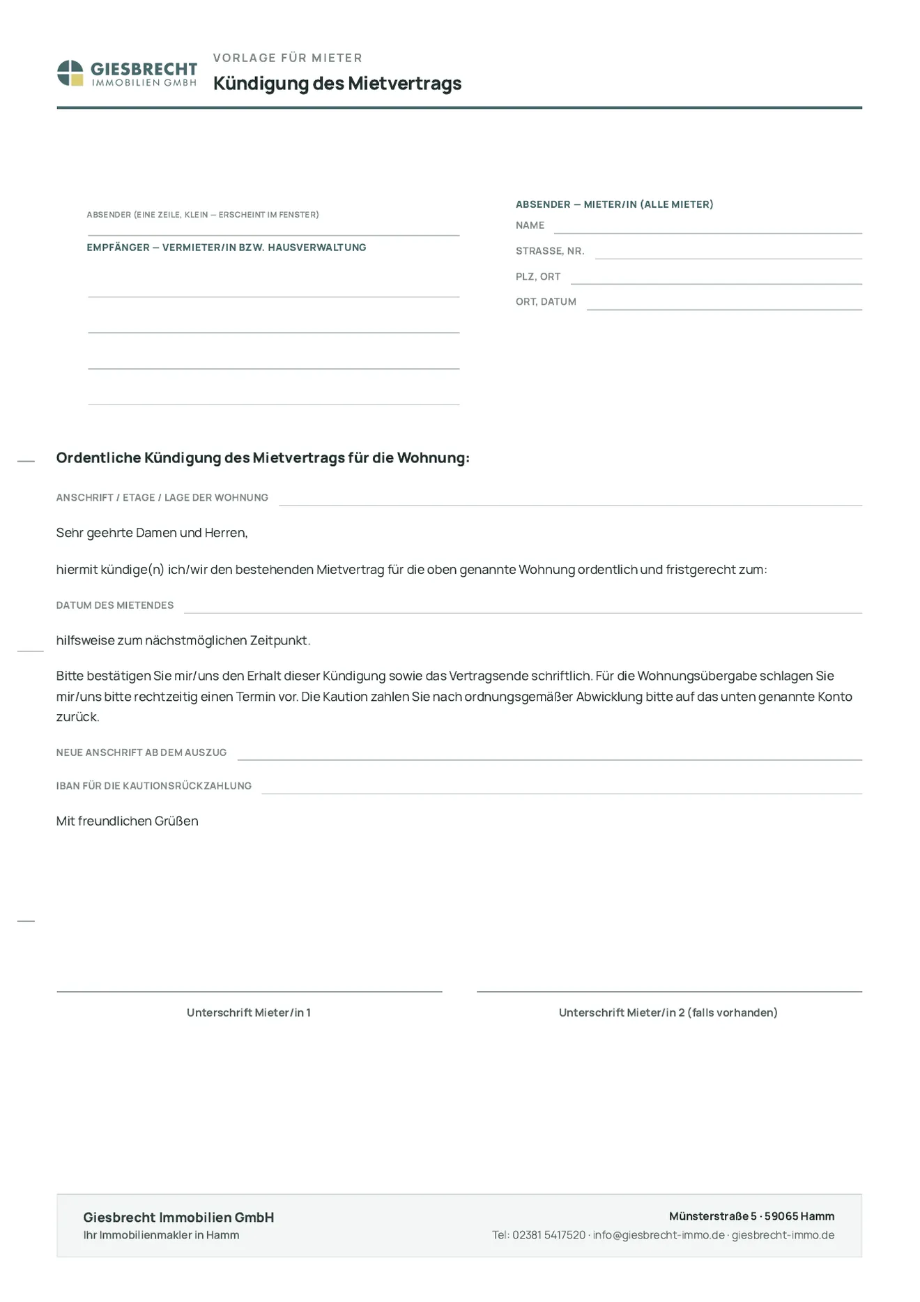 Vorlage Kündigung Mietvertrag: Musterschreiben zum Ausfüllen mit Feldern für Absender, Empfänger, Anschrift der Wohnung, Datum des Mietendes, neue Anschrift, IBAN für die Kaution und Unterschrift der Mieter.