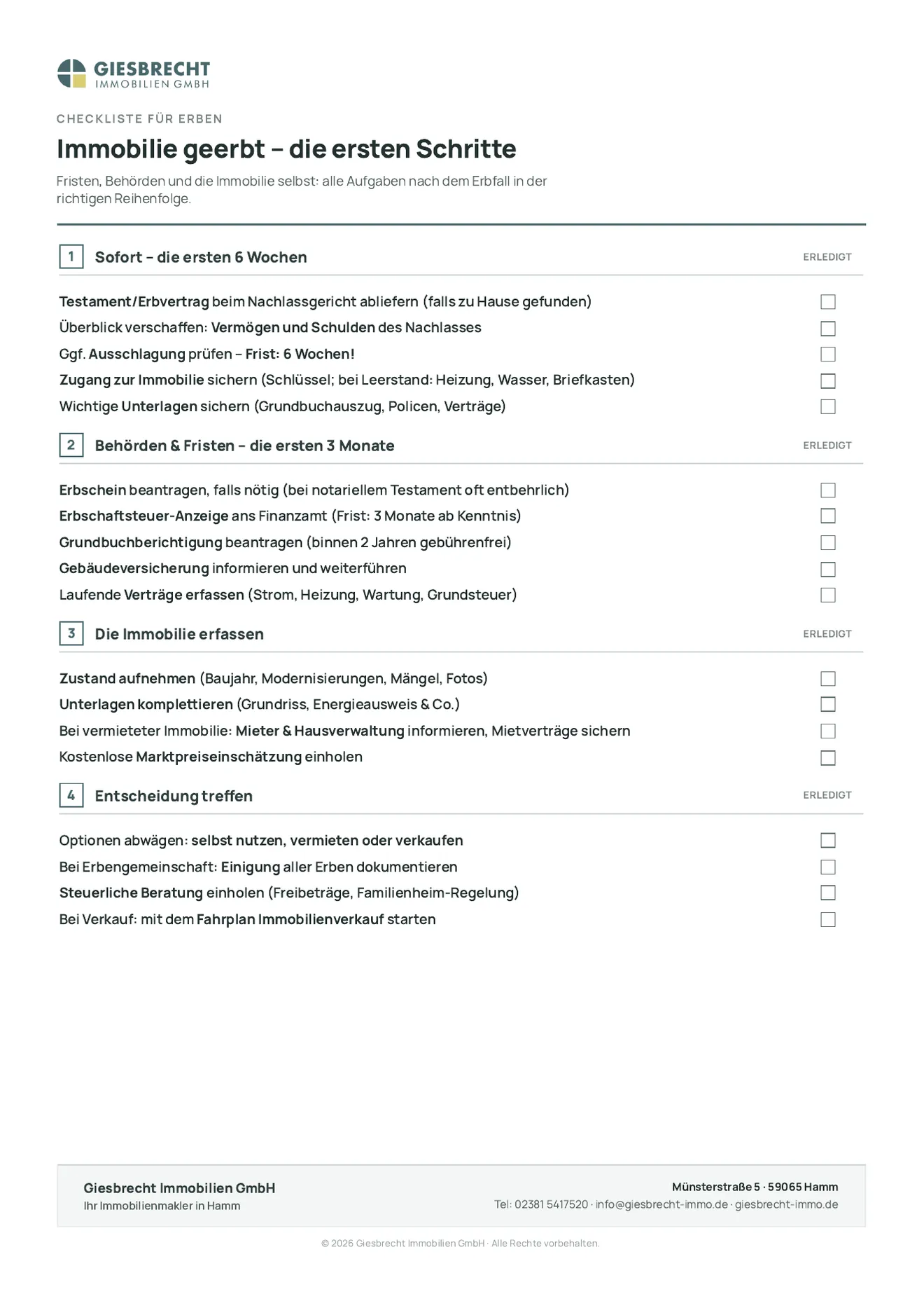 Checkliste geerbte Immobilie zum Abhaken: Testament beim Nachlassgericht, Erbschein beantragen, Fristen für Ausschlagung und Erbschaftsteuer, Versicherungen und Grundbuchberichtigung.