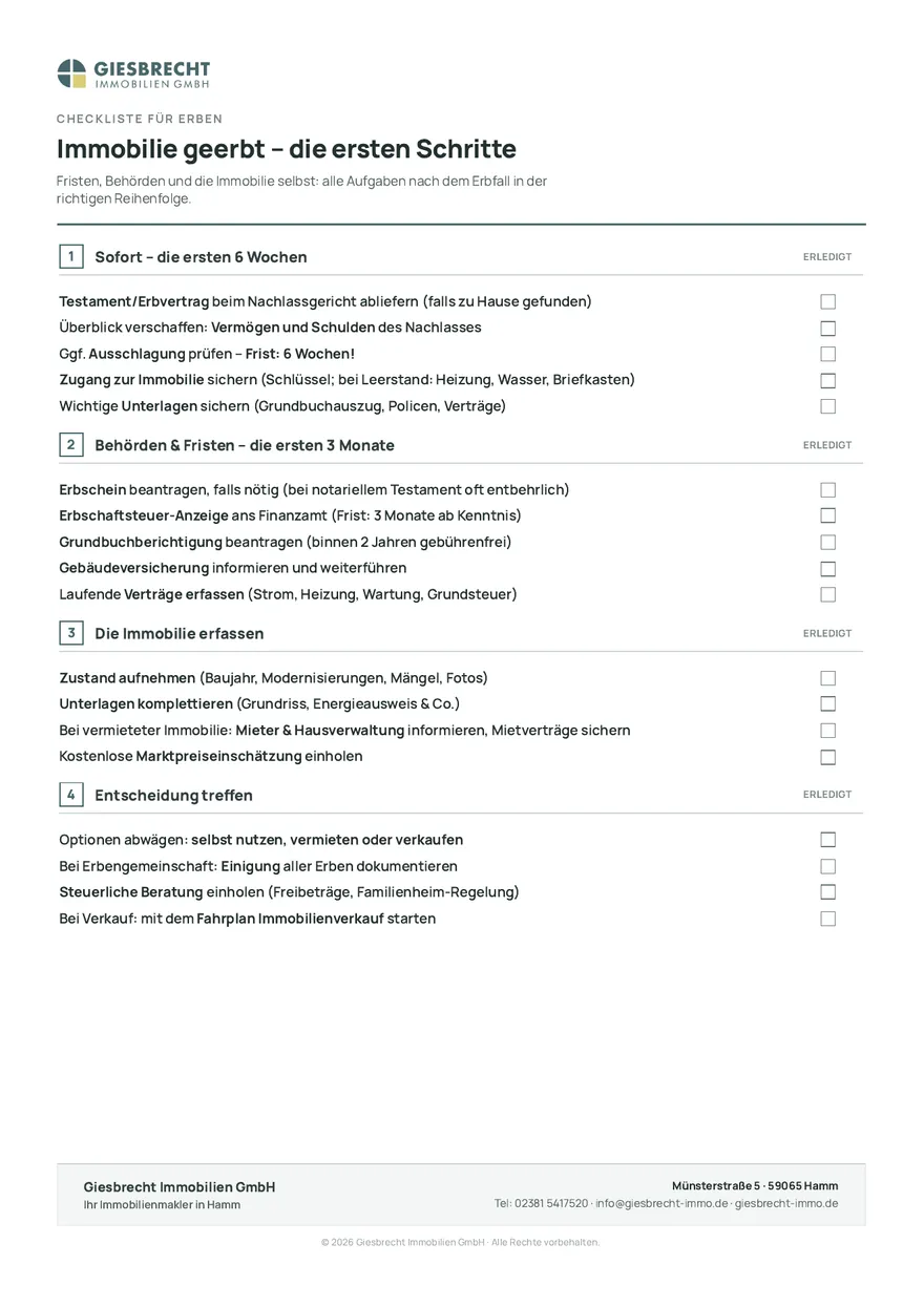 Checkliste geerbte Immobilie zum Abhaken: Testament beim Nachlassgericht, Erbschein beantragen, Fristen für Ausschlagung und Erbschaftsteuer, Versicherungen und Grundbuchberichtigung.