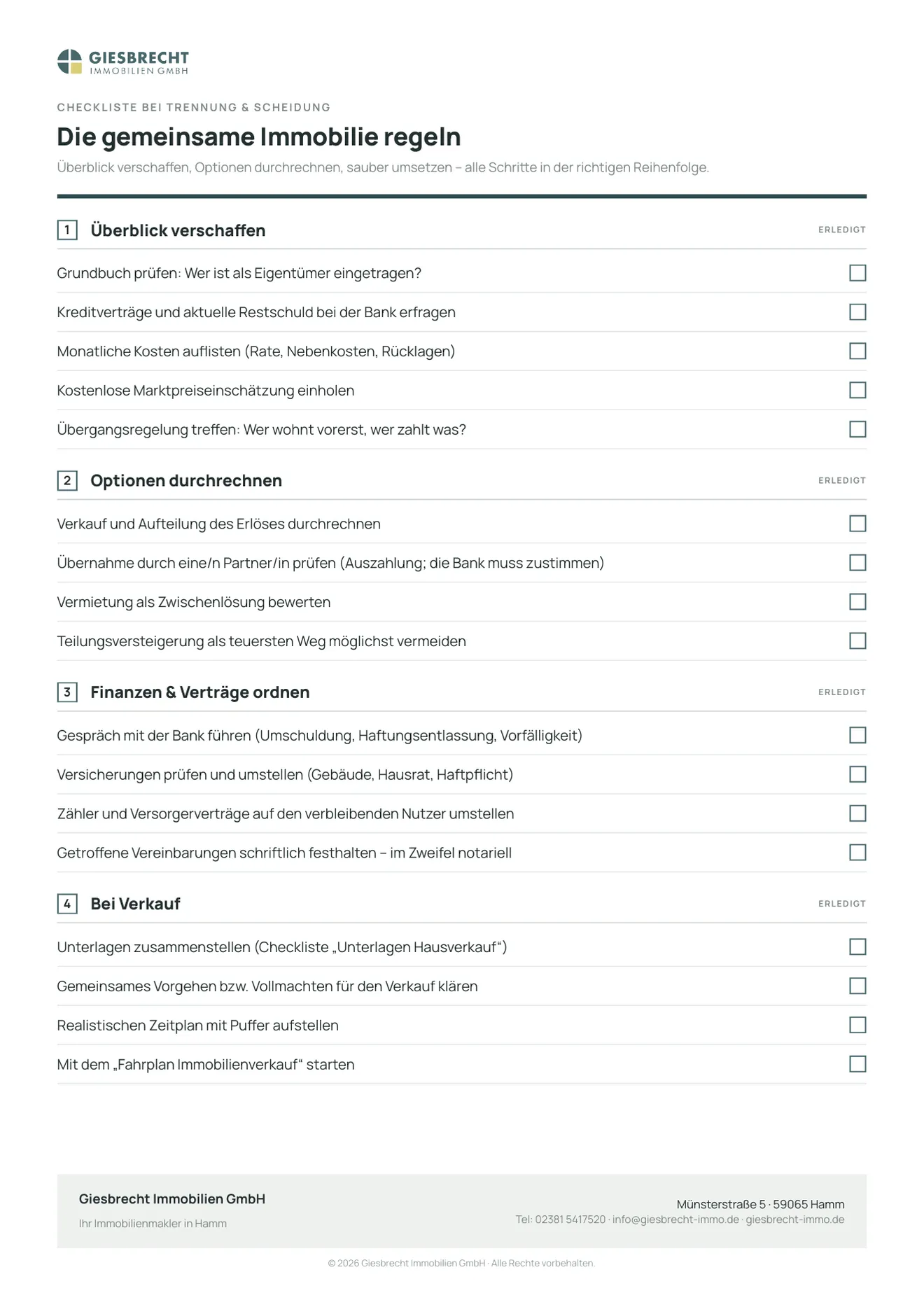 Checkliste gemeinsame Immobilie bei Trennung und Scheidung zum Abhaken: Grundbuch prüfen, Darlehensstand erfragen, Marktwert ermitteln, Optionen von Verkauf bis Übernahme durchrechnen.