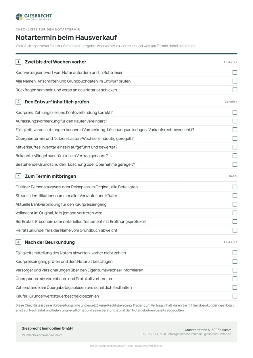 Checkliste für den Notartermin beim Hausverkauf zum Abhaken: Kaufvertragsentwurf anfordern, Finanzierungsbestätigung, Unterlagen und Ausweise, Termin und Schlüsselübergabe.