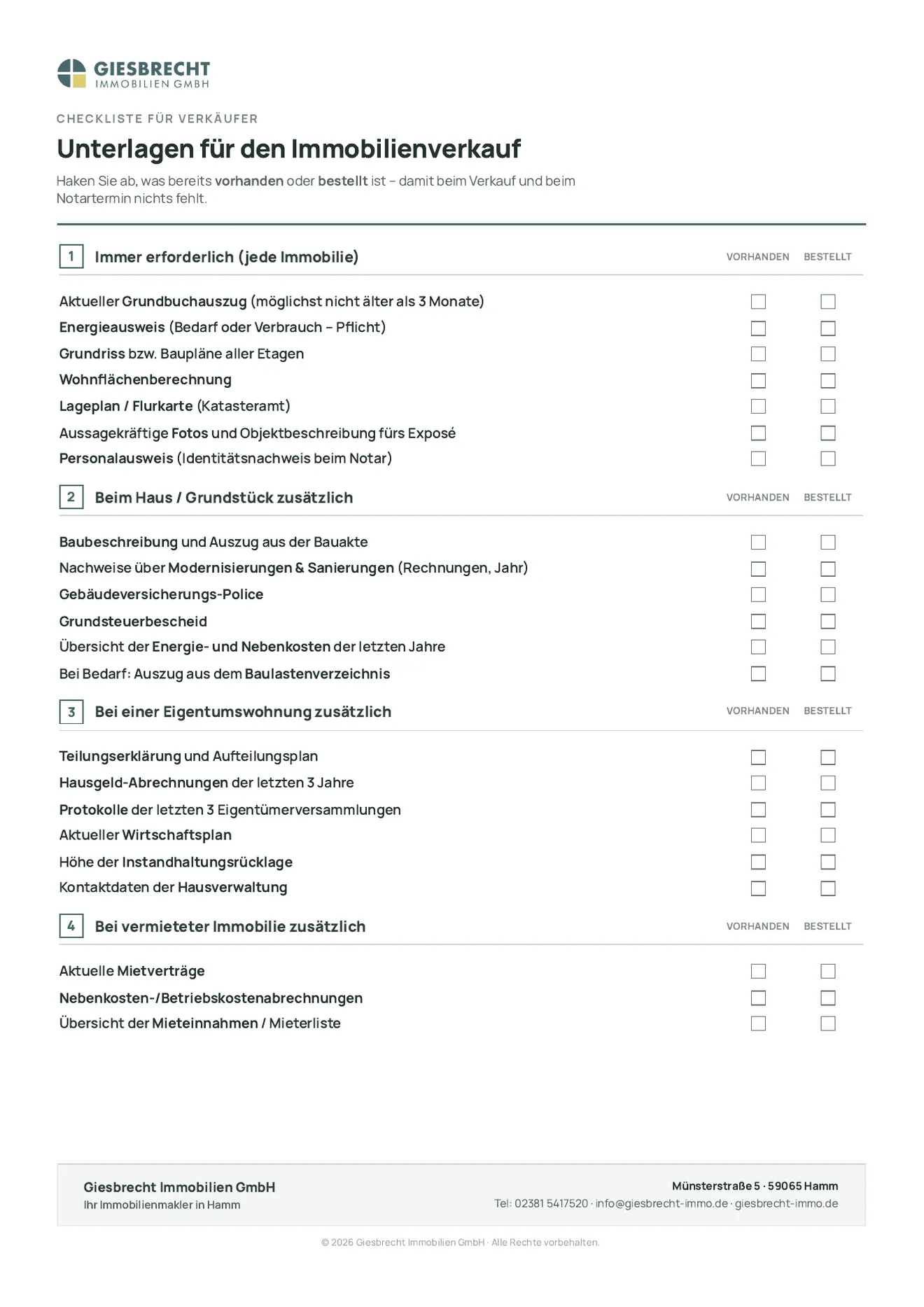 Checkliste Unterlagen für den Immobilienverkauf zum Abhaken: Grundbuchauszug, Energieausweis, Flurkarte, Grundrisse, Wohnflächenberechnung und Nachweise zu Modernisierungen.