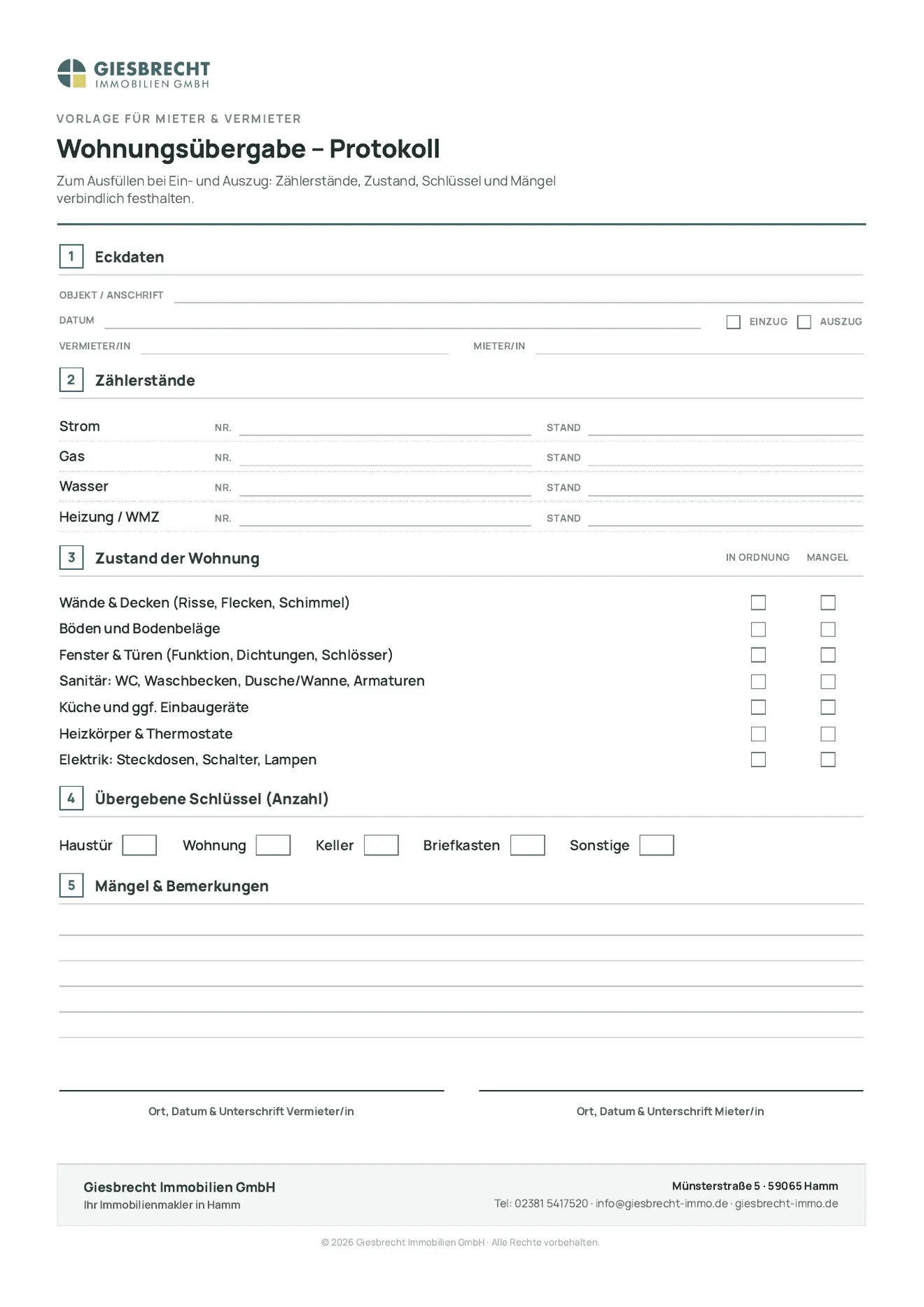 Übergabeprotokoll Wohnung für Mieter und Vermieter: Formular für Ein- und Auszug mit Objektanschrift, Datum, Zählerständen, Zustand der Räume, Schlüsselzahl und festgehaltenen Mängeln.