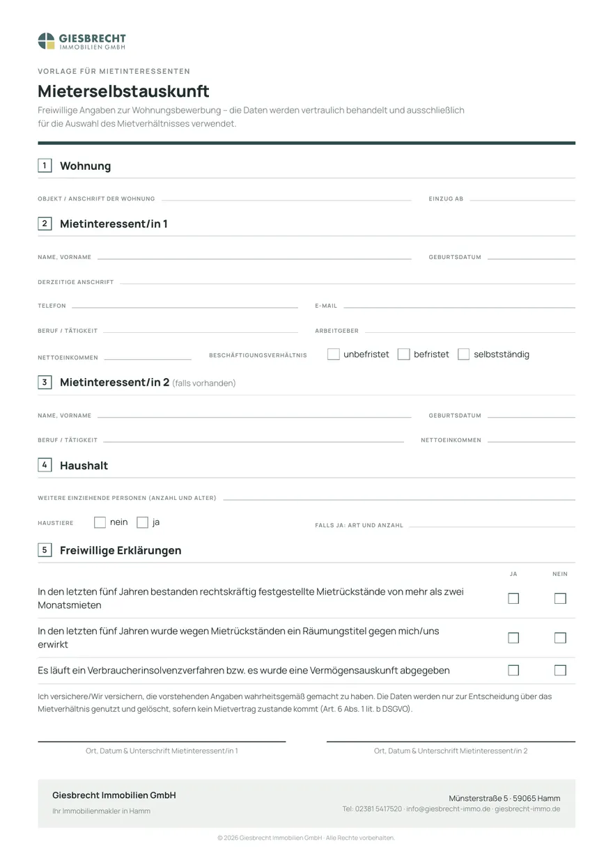 Mieterselbstauskunft zum Ausfüllen: Formular mit Angaben zur gewünschten Wohnung, zu Personen im Haushalt, Beruf und Einkommen, bisherigem Mietverhältnis und Haustieren.
