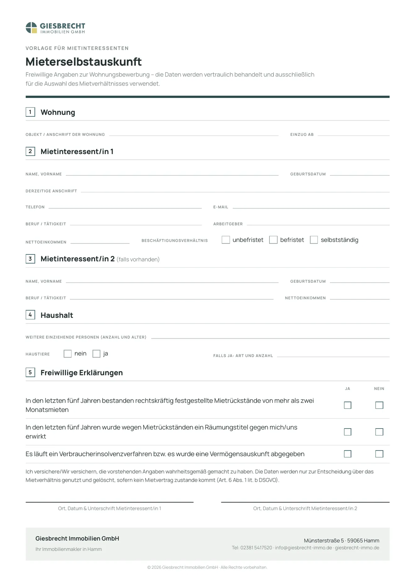 Mieterselbstauskunft zum Ausfüllen: Formular mit Angaben zur gewünschten Wohnung, zu Personen im Haushalt, Beruf und Einkommen, bisherigem Mietverhältnis und Haustieren.