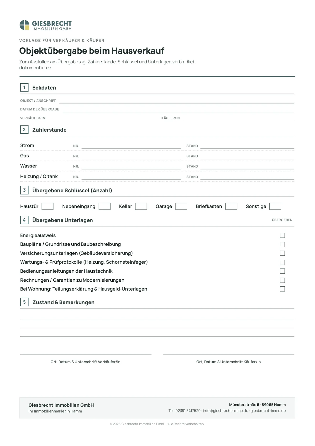 Übergabeprotokoll Hausverkauf zum Ausfüllen: Formular mit Eckdaten zu Objekt und Übergabedatum, Verkäufer und Käufer, Zählerständen für Strom, Gas und Wasser, Schlüsselübergabe und übergebenen Unterlagen.