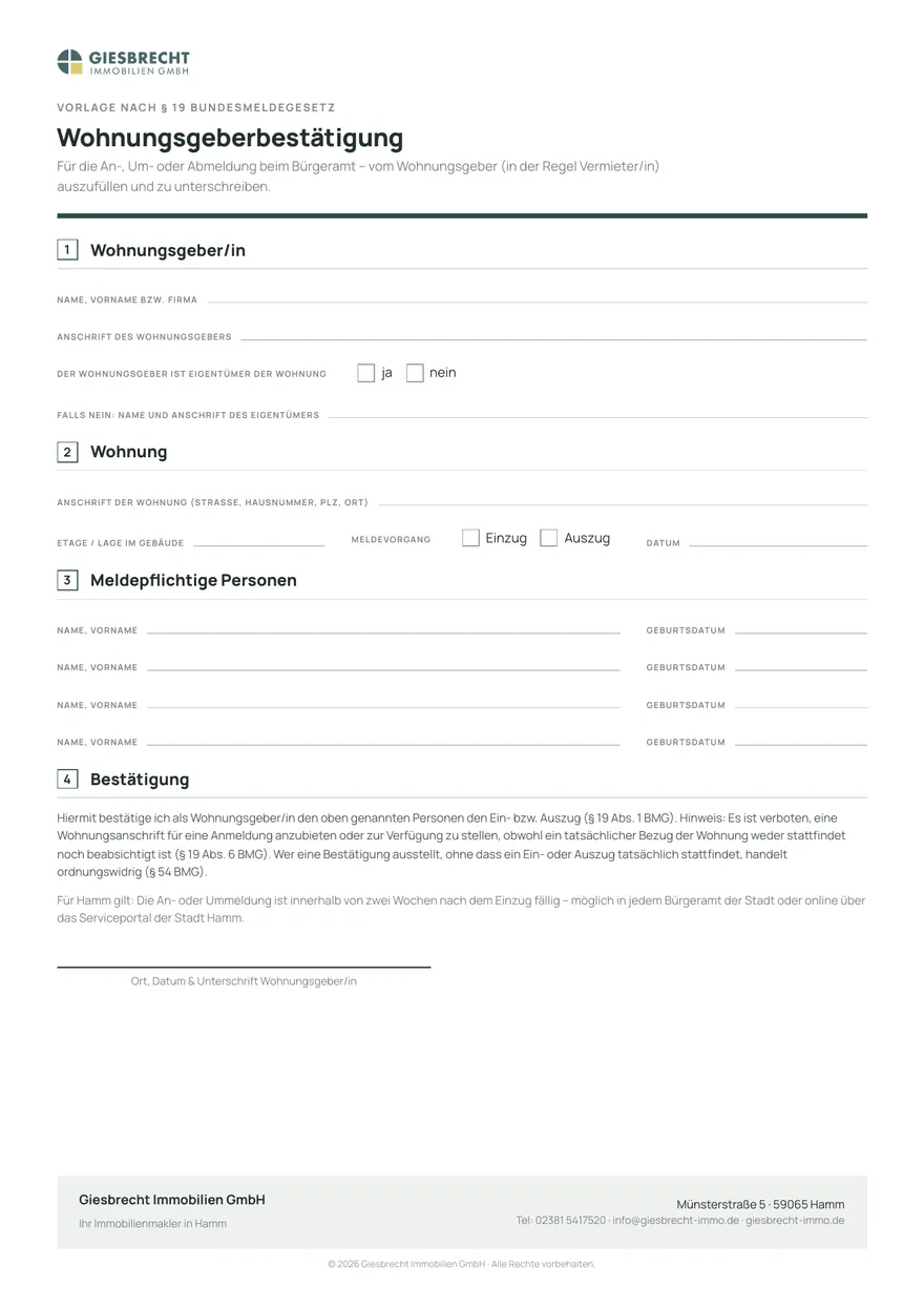Wohnungsgeberbestätigung nach § 19 Bundesmeldegesetz zum Ausfüllen: Formular mit Angaben zum Wohnungsgeber, zur Wohnung, zum Einzugs- oder Auszugsdatum und zu den einziehenden Personen.